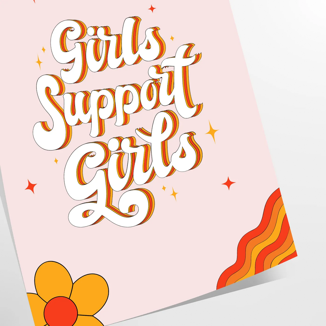 Illustration of diverse girls supporting each other in warm brown and orange tones