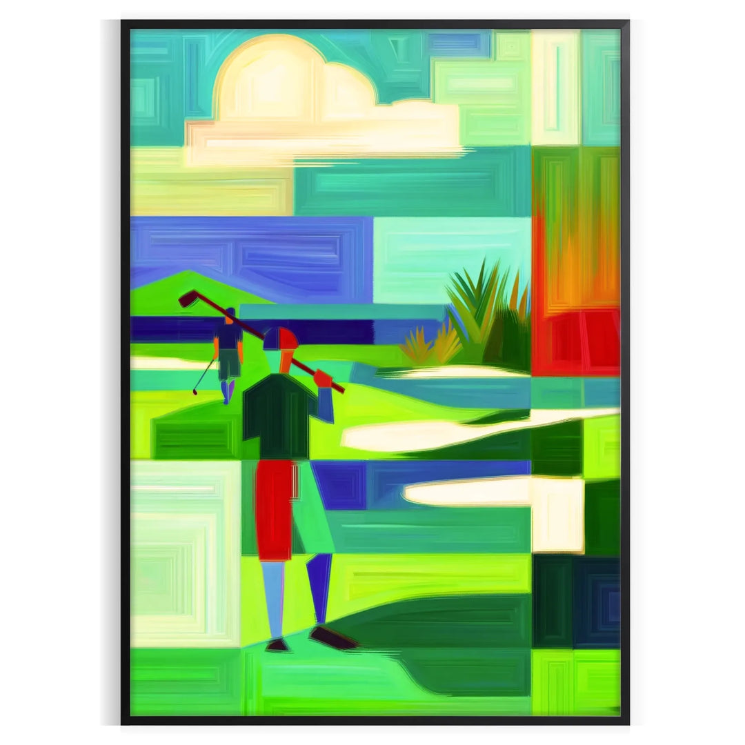 Vintage golf scene with red and green tones, featuring classic clubs and balls