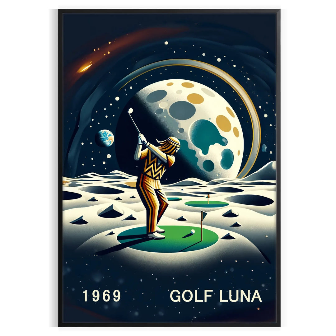 Art Deco poster featuring a golf silhouette under a large moon