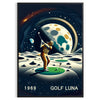 Art Deco poster featuring a golf silhouette under a large moon - in a black frame