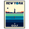 Vintage illustration of golfers in New York with muted tones - in a black frame