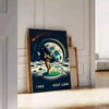 Art Deco poster featuring a golf silhouette under a large moon - leaning on a herringbone floor against a white panelled wall
