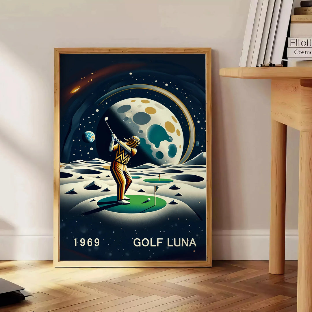 Art Deco poster featuring a golf silhouette under a large moon - beside a round wooden side table with books