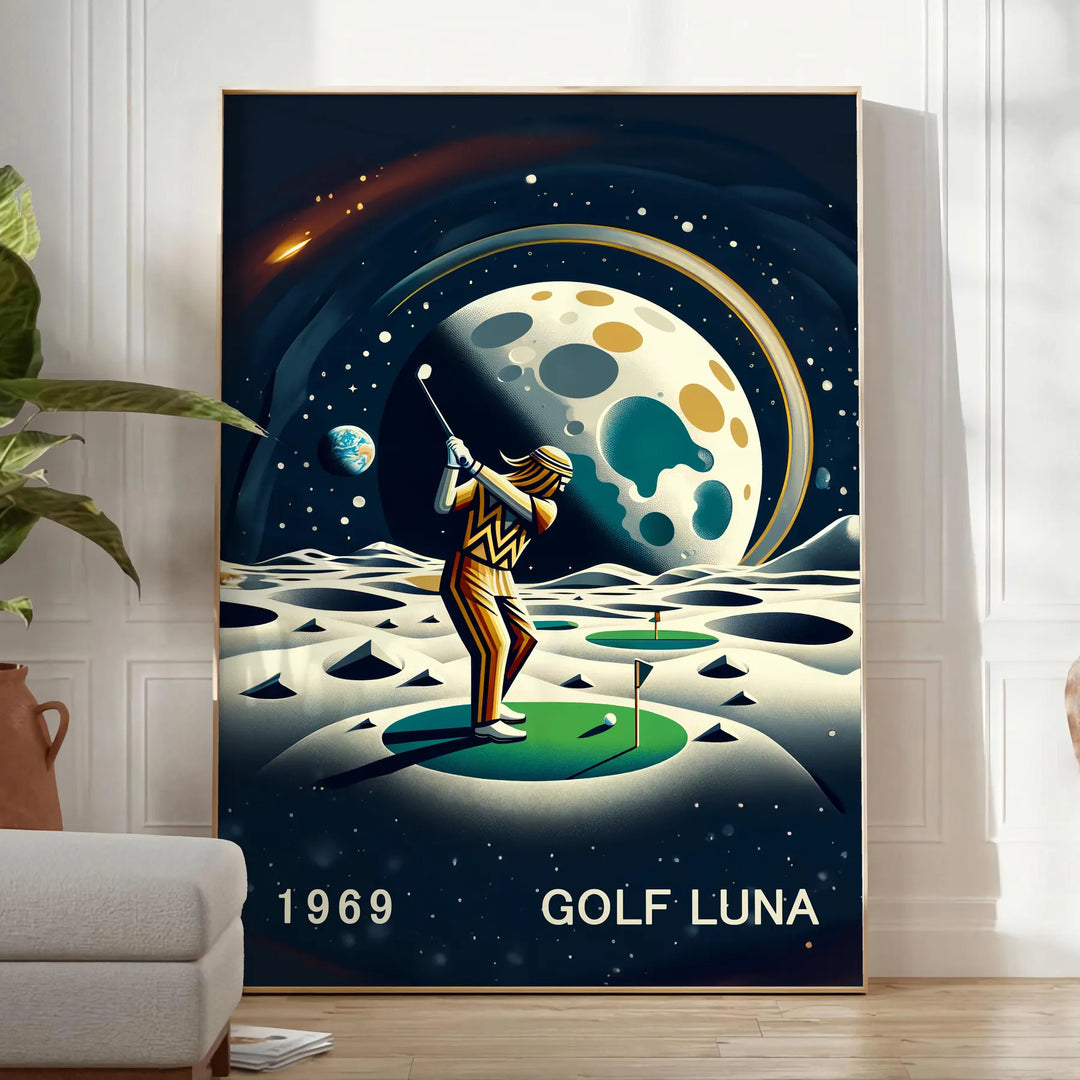 Art Deco poster featuring a golf silhouette under a large moon - in a bright minimalist room with a plant and an armchair