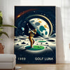 Art Deco poster featuring a golf silhouette under a large moon - in a bright minimalist room with a plant and an armchair