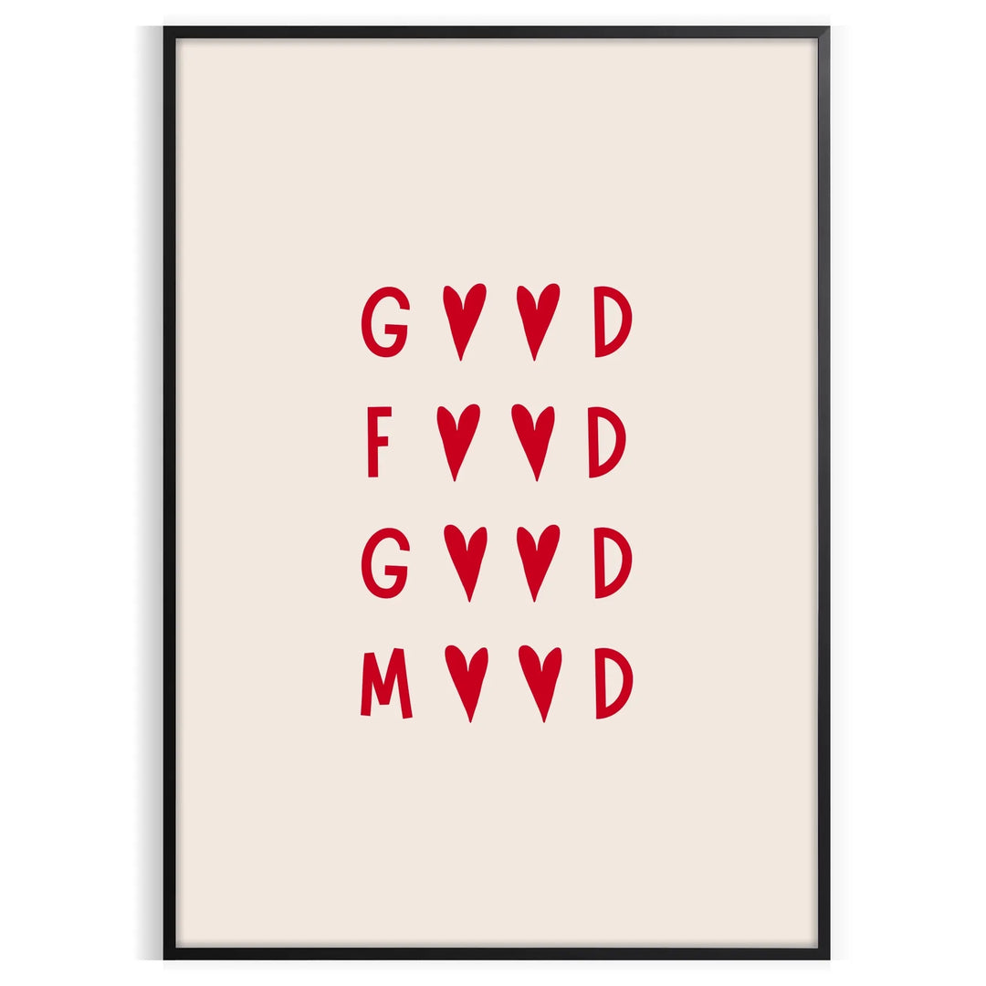 Motivational poster featuring the phrase 'Good Food Good Mood' in bold typography, with gray and red tones