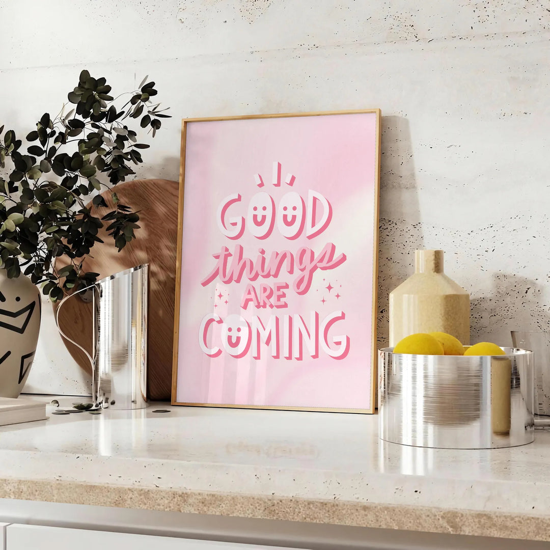 Abstract design with warm brown and red tones featuring motivational text - styled on a counter with eucalyptus and a bowl of lemons