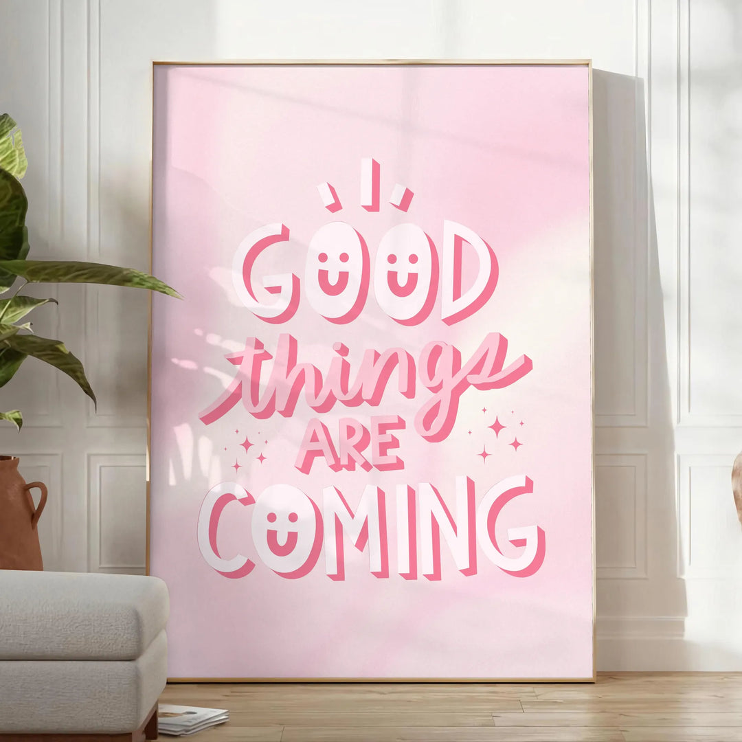 Abstract design with warm brown and red tones featuring motivational text - in a bright minimalist room with a plant and an armchair