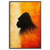 A bold illustration of a gorilla against a background of orange and red hues - in a black frame