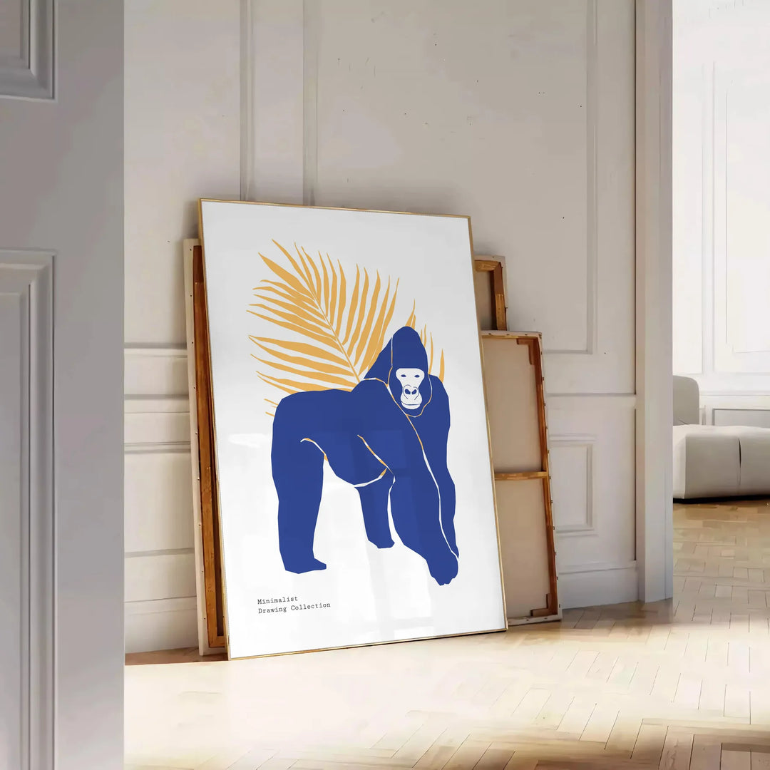 A detailed illustration of a gorilla surrounded by green and blue foliage - leaning on a herringbone floor against a white panelled wall