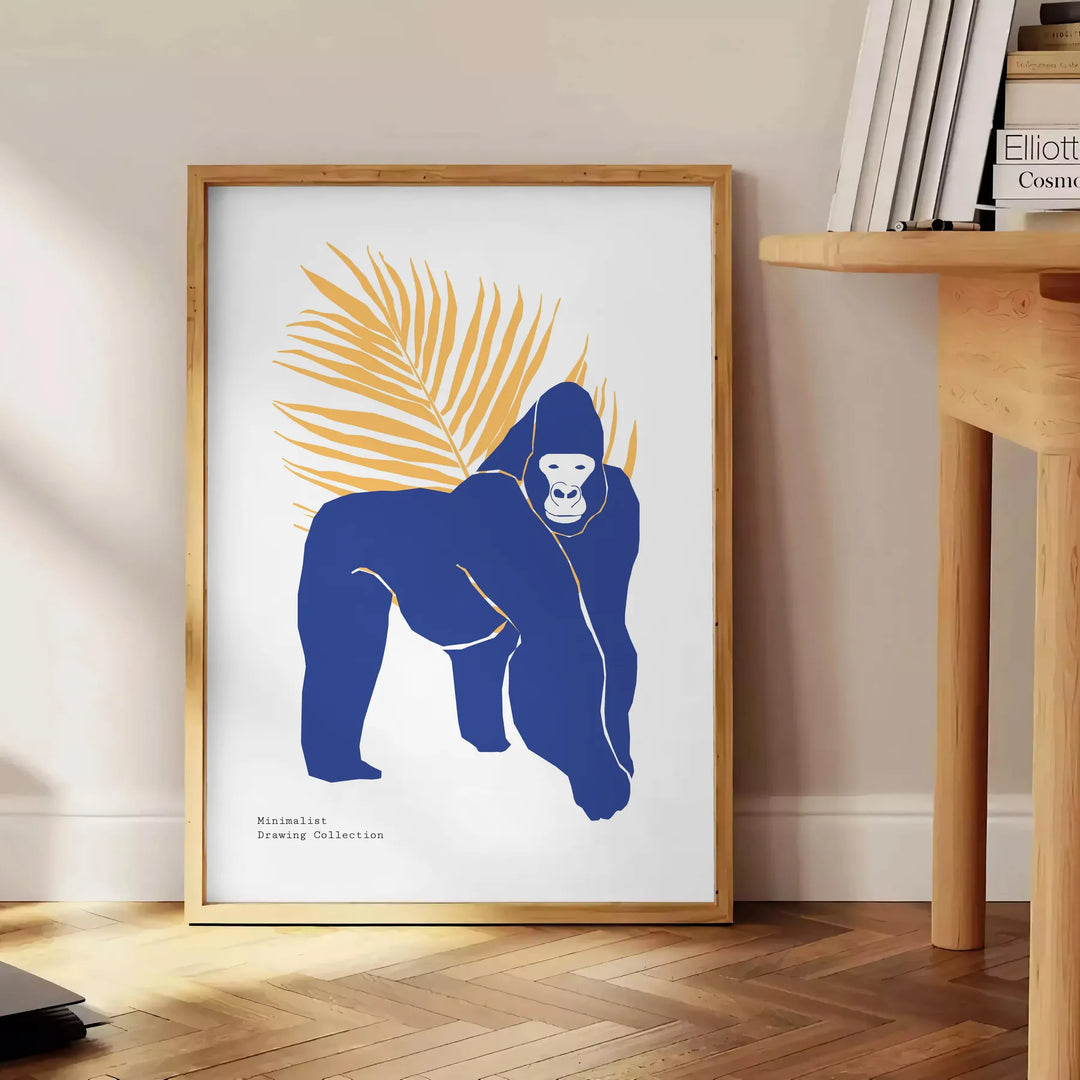 A detailed illustration of a gorilla surrounded by green and blue foliage - beside a round wooden side table with books