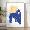 A detailed illustration of a gorilla surrounded by green and blue foliage - in a bright minimalist room with a plant and an armchair