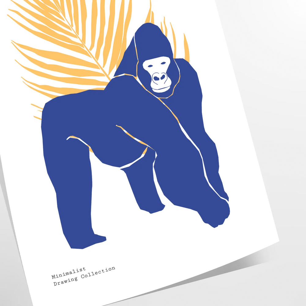 A detailed illustration of a gorilla surrounded by green and blue foliage