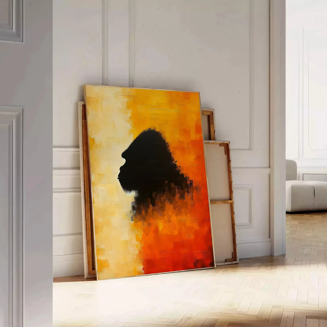 A bold illustration of a gorilla against a background of orange and red hues - leaning on a herringbone floor against a white panelled wall