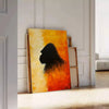 A bold illustration of a gorilla against a background of orange and red hues - leaning on a herringbone floor against a white panelled wall