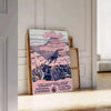 Illustration of the Grand Canyon with warm earthy tones and dramatic rock formations - leaning on a herringbone floor against a white panelled wall