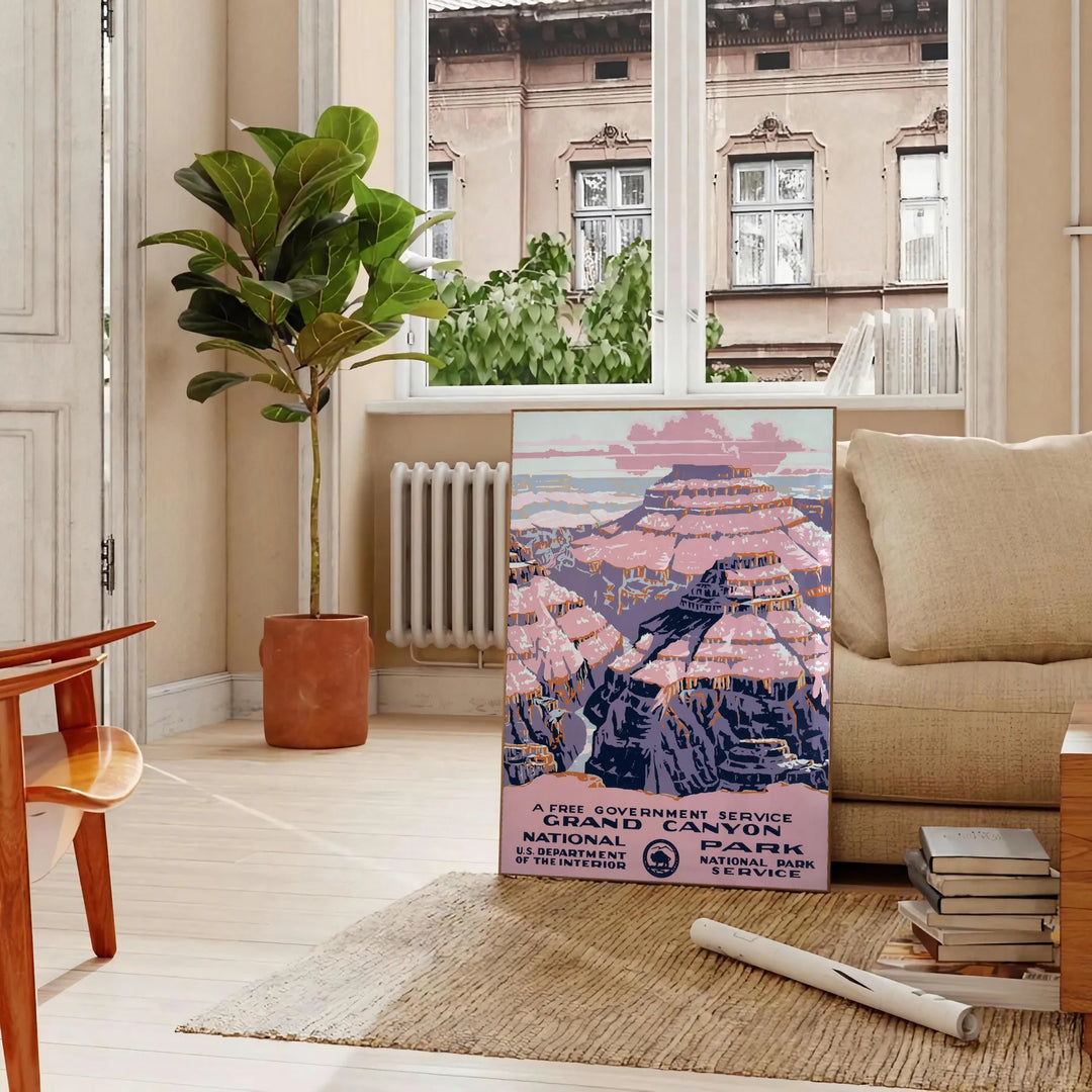 Illustration of the Grand Canyon with warm earthy tones and dramatic rock formations - in a Parisian living room with a sofa and a fig plant