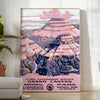 Illustration of the Grand Canyon with warm earthy tones and dramatic rock formations - in a bright minimalist room with a plant and an armchair