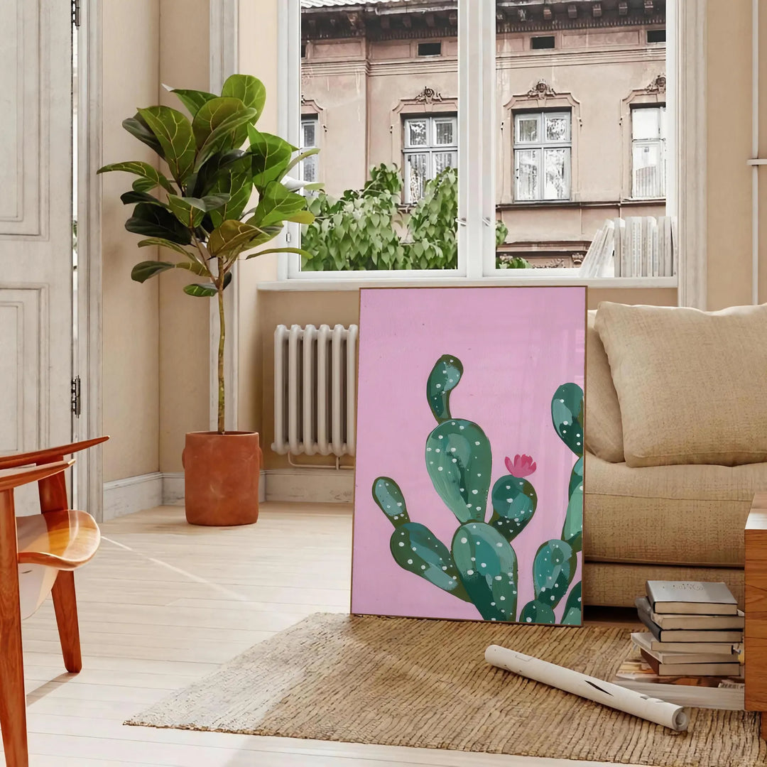 Abstract graphic art featuring dynamic shades of gray and orange - in a Parisian living room with a sofa and a fig plant