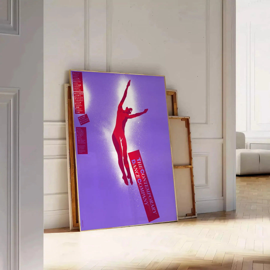 Abstract design with bold purple and red colors in a modern style - leaning on a herringbone floor against a white panelled wall