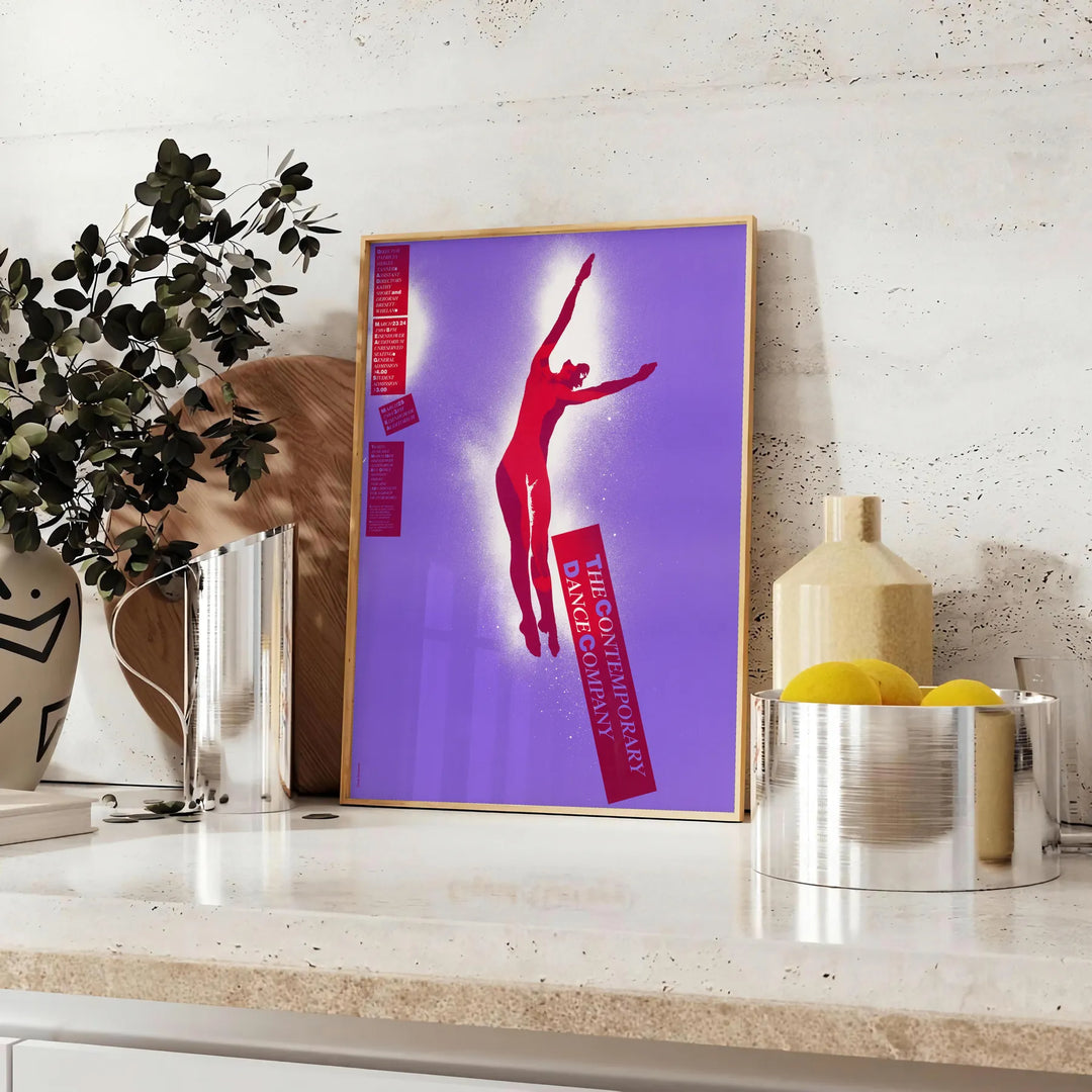 Abstract design with bold purple and red colors in a modern style - styled on a counter with eucalyptus and a bowl of lemons