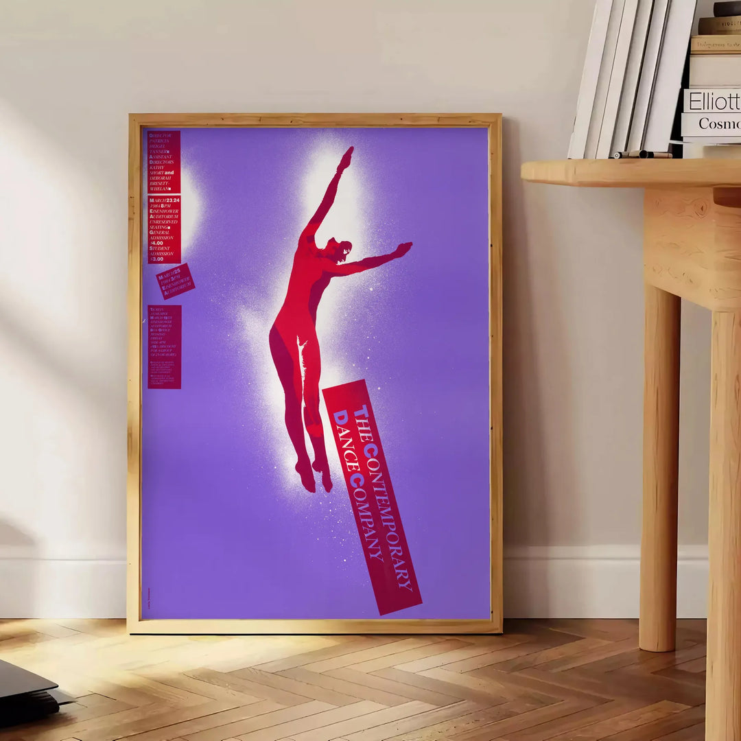 Abstract design with bold purple and red colors in a modern style - beside a round wooden side table with books