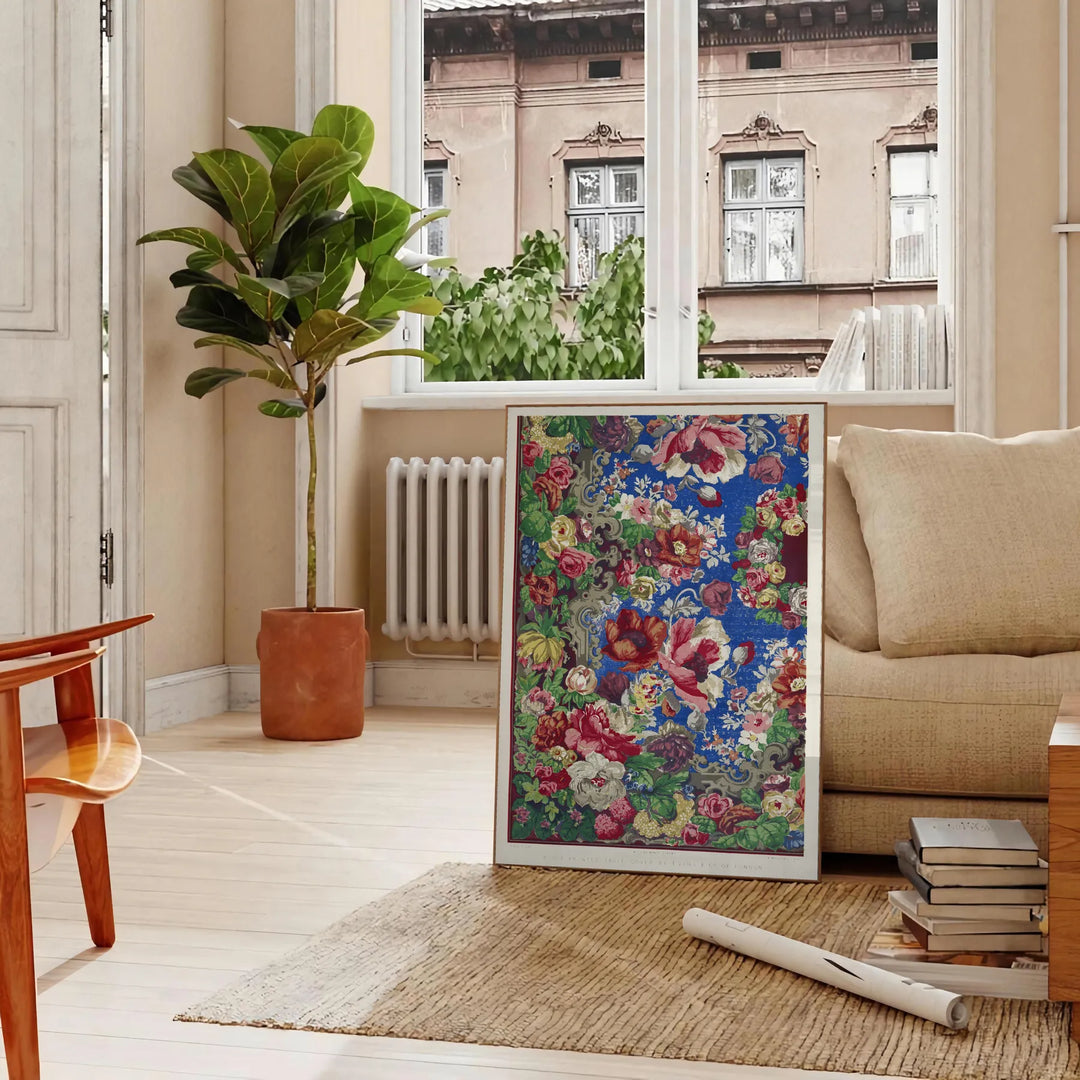 Abstract design with gray and orange shapes on a textured background - in a Parisian living room with a sofa and a fig plant
