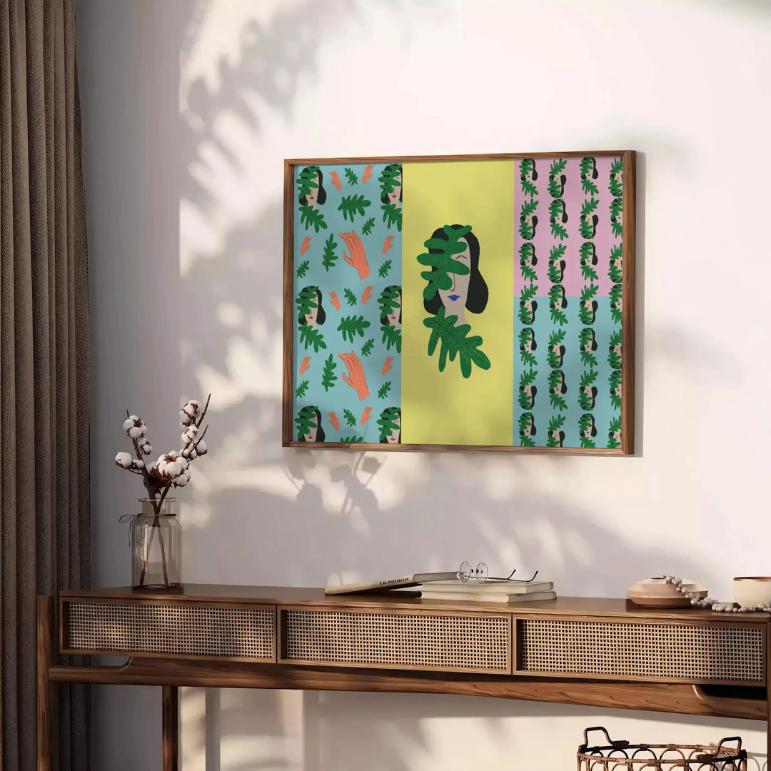 Abstract graphic design in shades of green and gray - styled on a counter with eucalyptus and a bowl of lemons