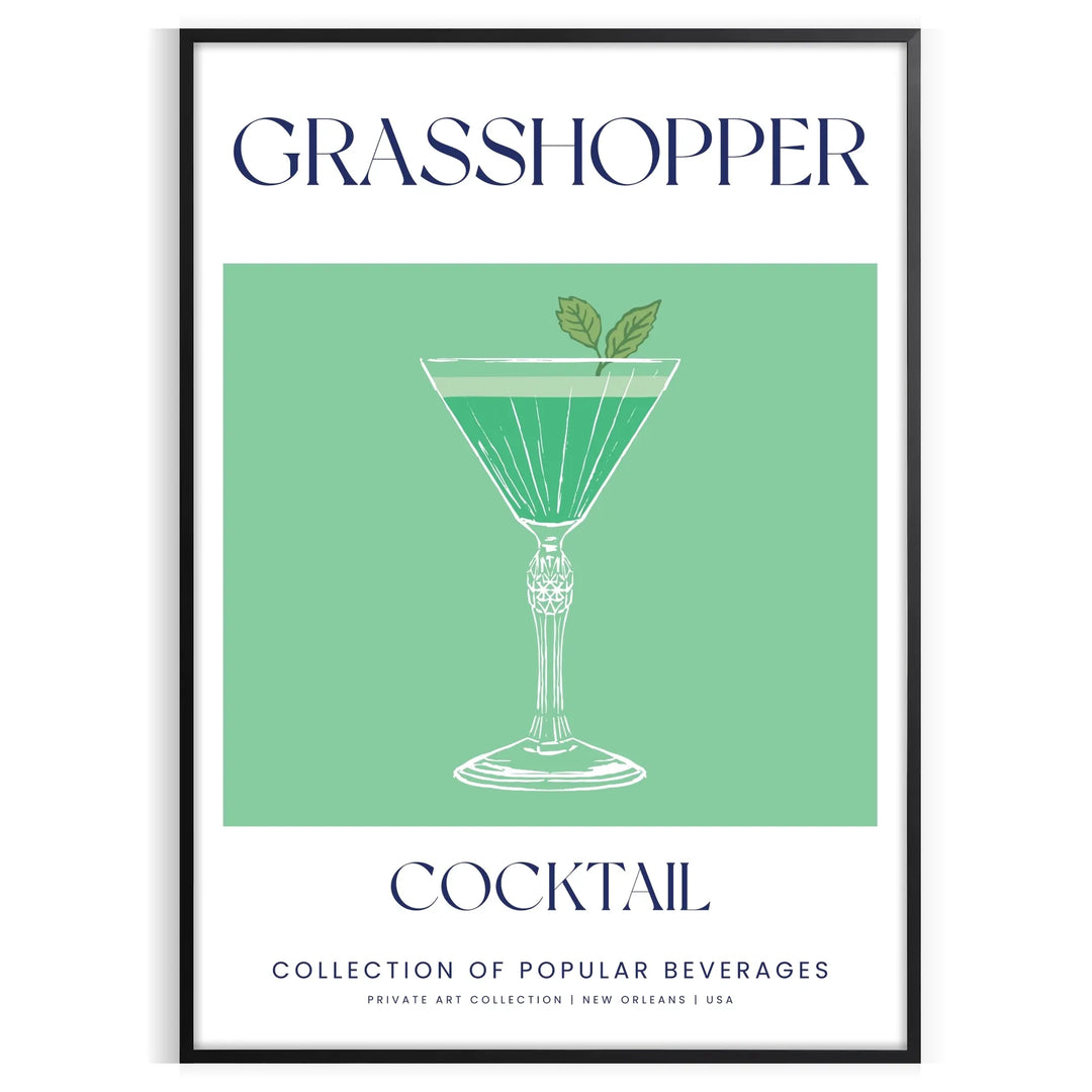 A grasshopper cocktail in a glass with green and gray tones