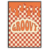 Retro-style poster featuring abstract shapes in orange and brown tones - in a black frame