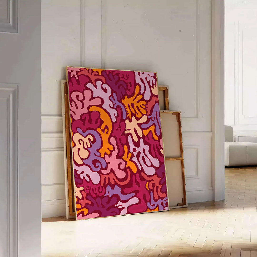 Fluid pattern design in rich browns and oranges resembling a lava lamp - leaning on a herringbone floor against a white panelled wall
