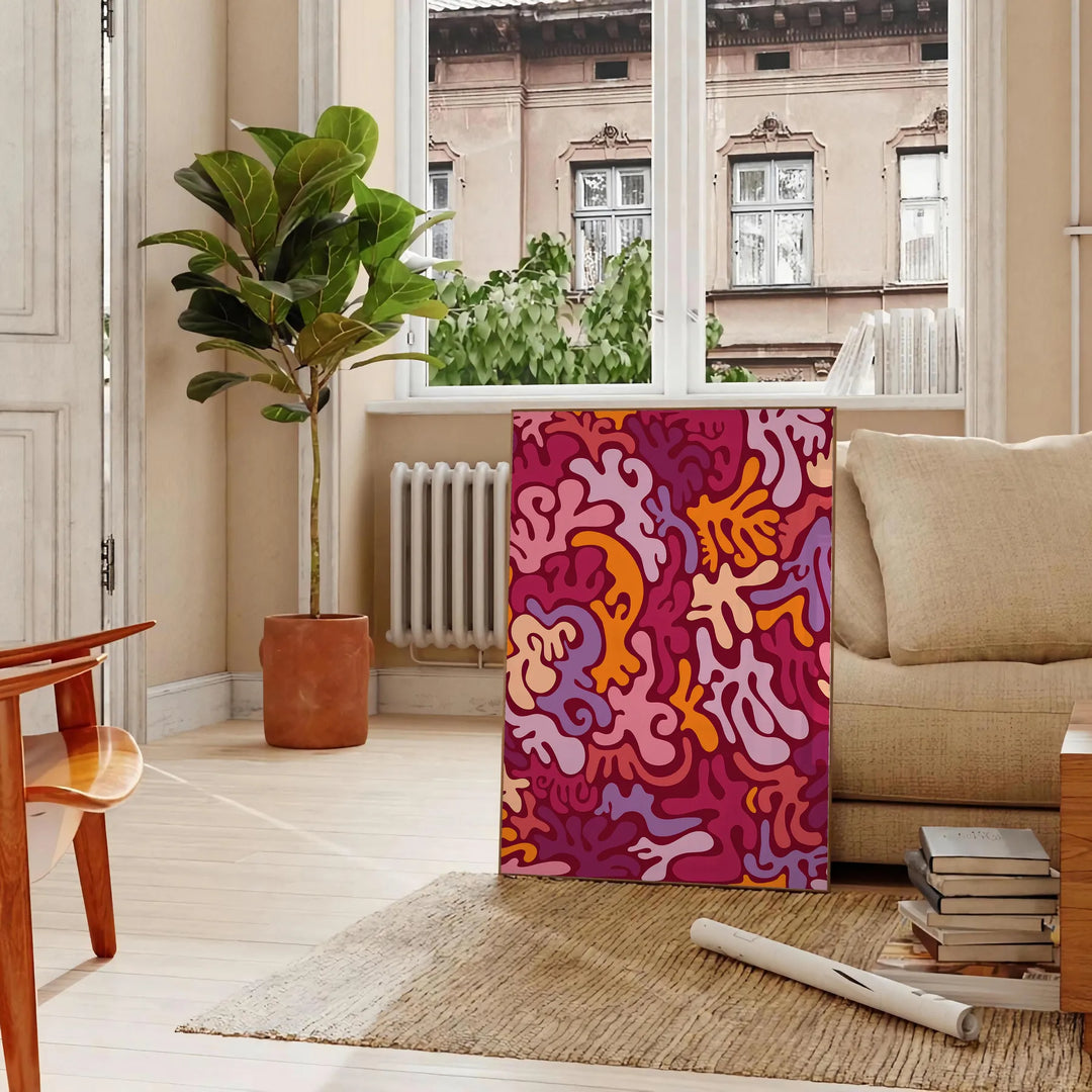 Fluid pattern design in rich browns and oranges resembling a lava lamp - in a Parisian living room with a sofa and a fig plant
