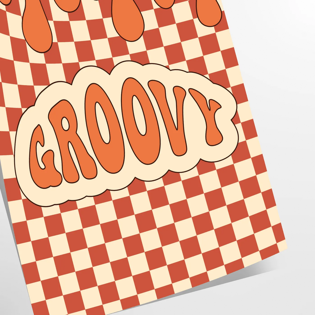 Retro-style poster featuring abstract shapes in orange and brown tones