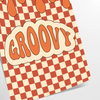Retro-style poster featuring abstract shapes in orange and brown tones