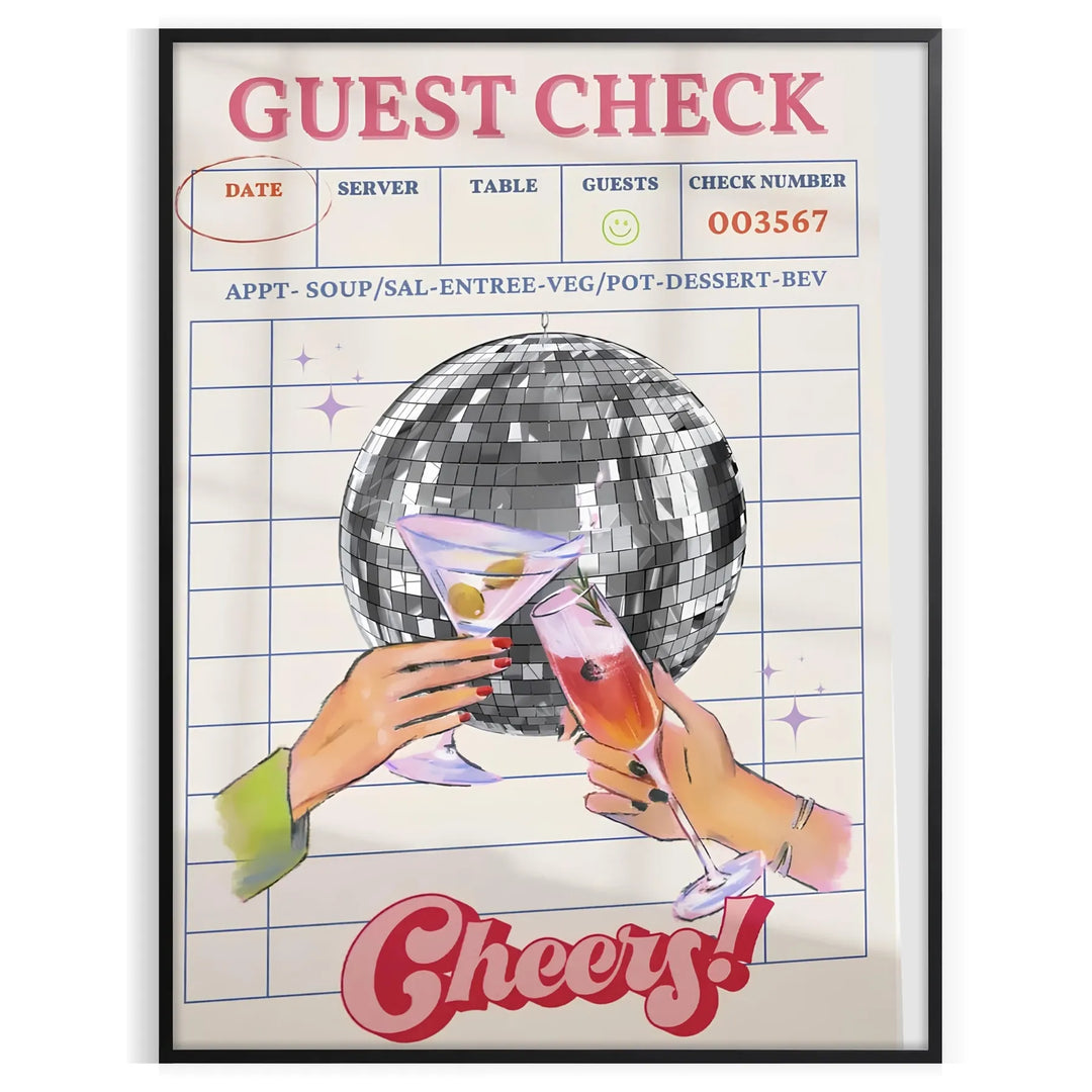 Graphic art print featuring a guest check design in green and orange hues - in a black frame