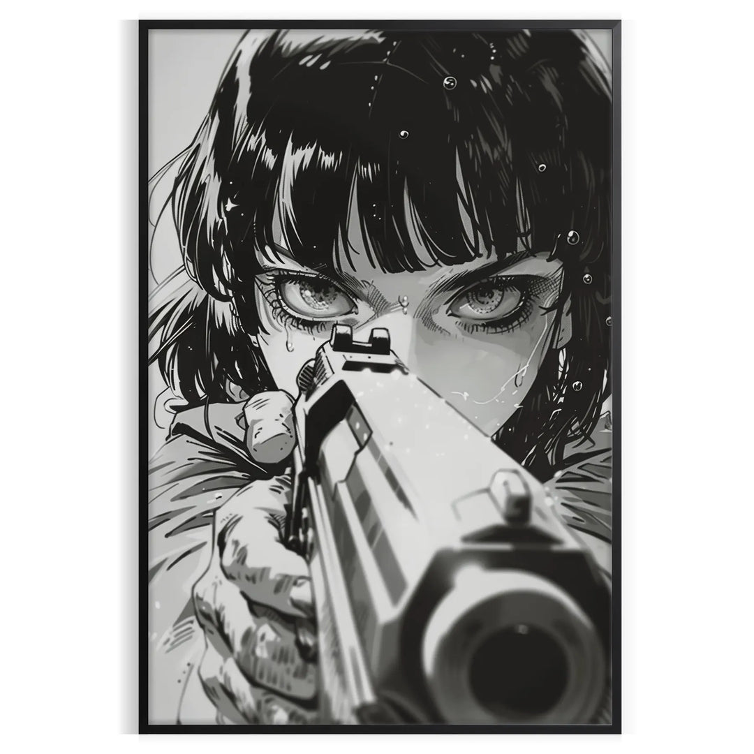 Dynamic manga illustration featuring a gun with green and blue tones