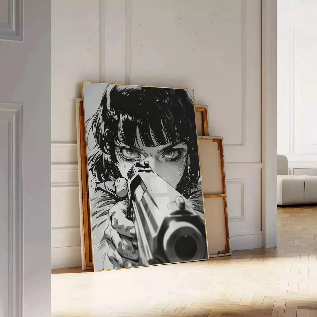 Dynamic manga illustration featuring a gun with green and blue tones - leaning on a herringbone floor against a white panelled wall