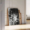 Dynamic manga illustration featuring a gun with green and blue tones - leaning on a herringbone floor against a white panelled wall