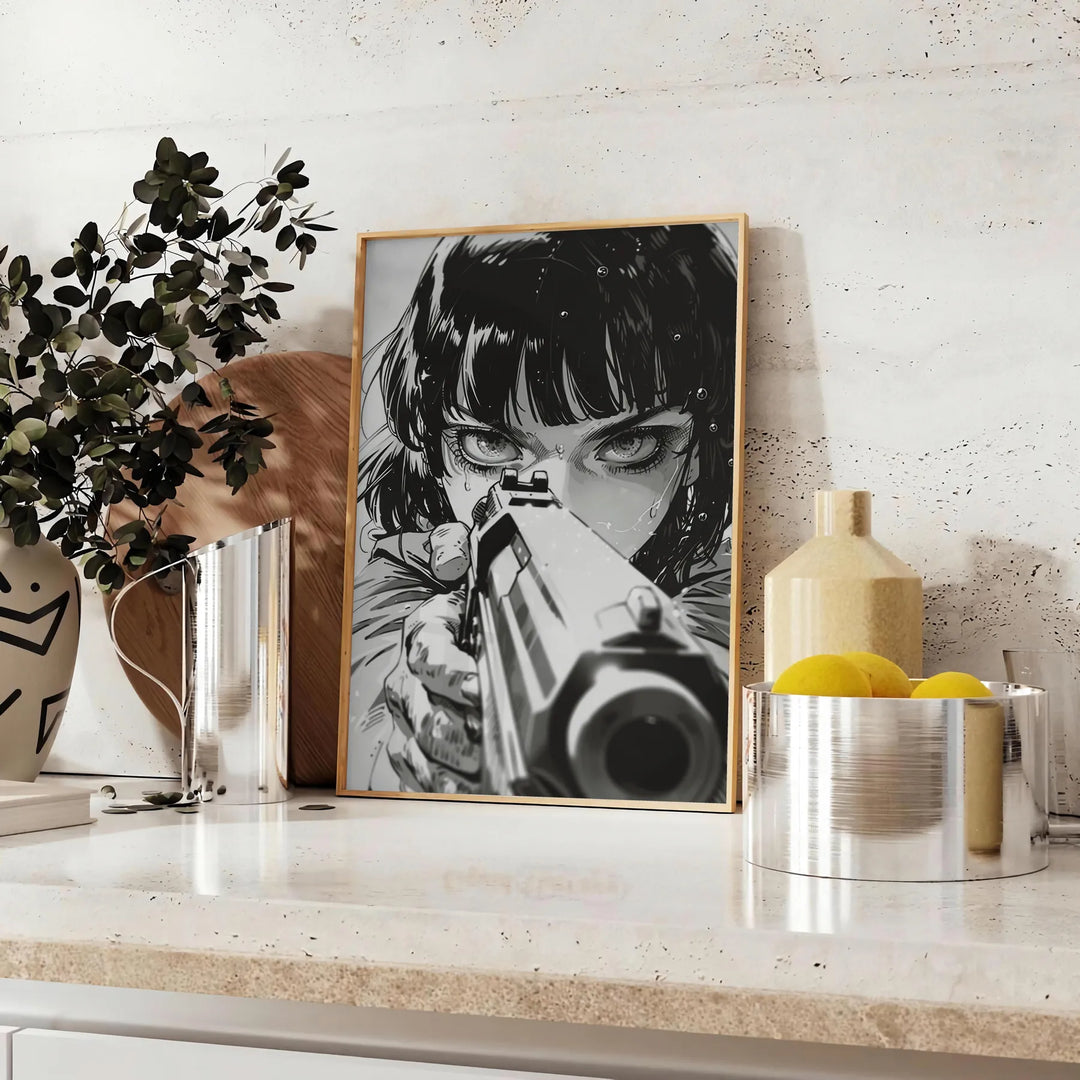 Dynamic manga illustration featuring a gun with green and blue tones - styled on a counter with eucalyptus and a bowl of lemons