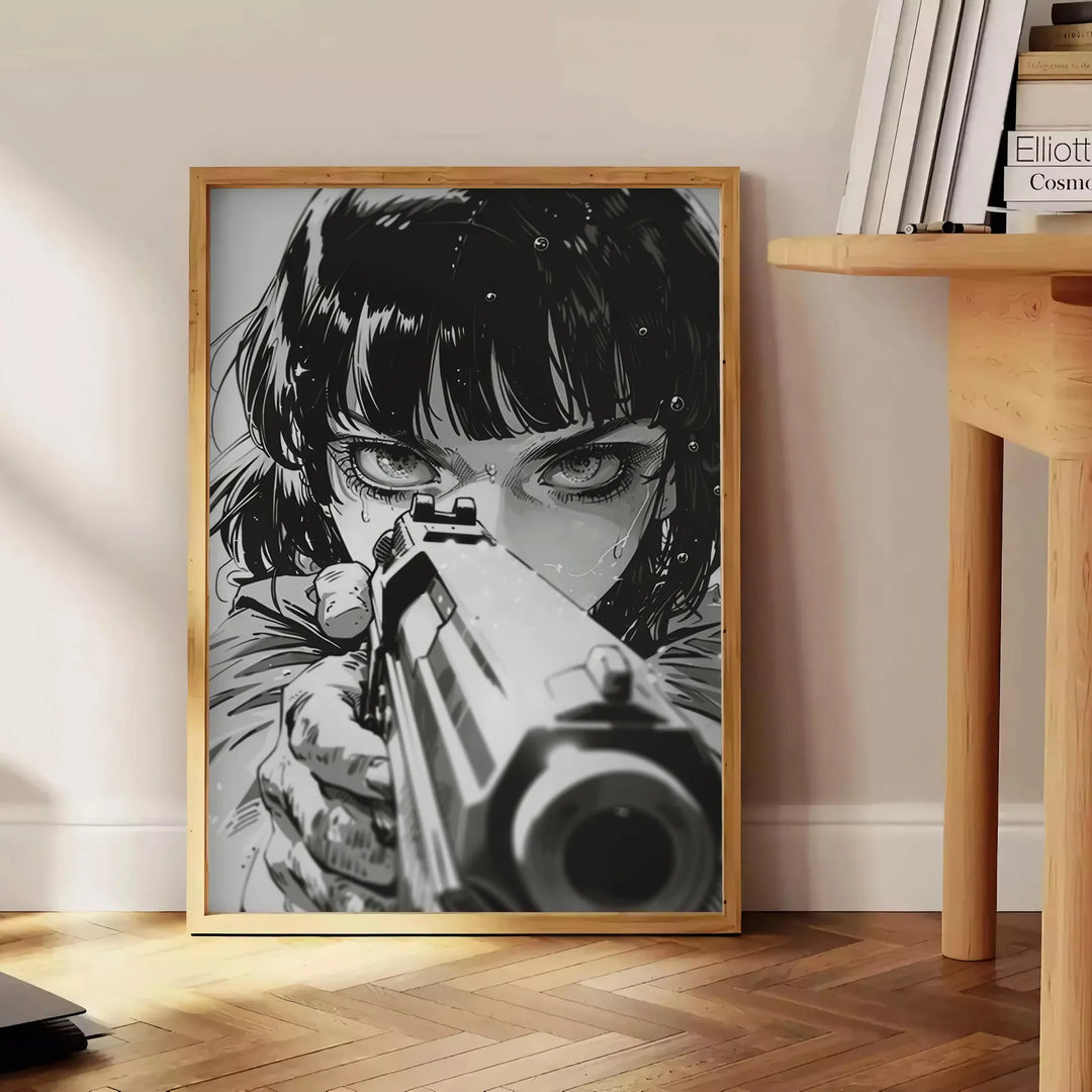Dynamic manga illustration featuring a gun with green and blue tones - beside a round wooden side table with books