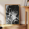 Dynamic manga illustration featuring a gun with green and blue tones - beside a round wooden side table with books