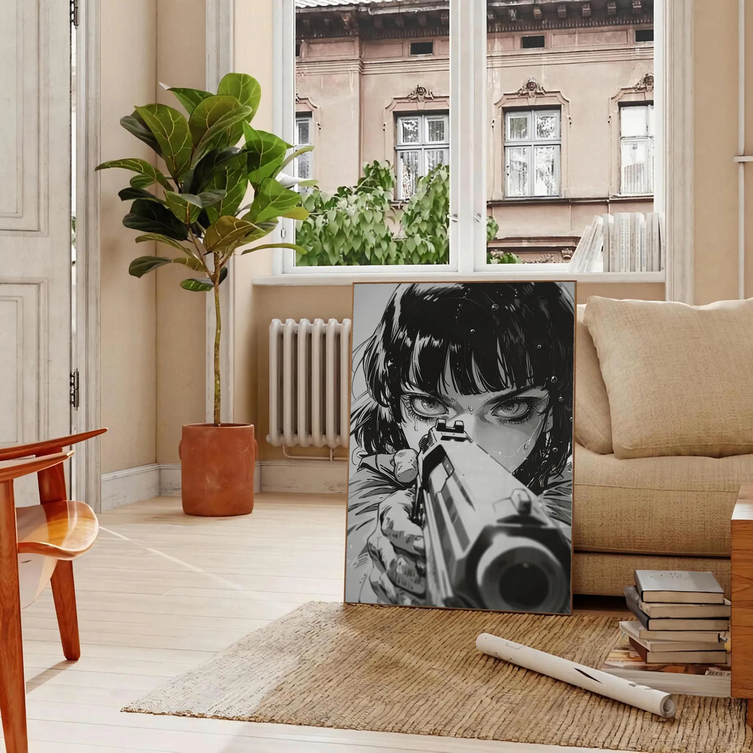 Dynamic manga illustration featuring a gun with green and blue tones - in a Parisian living room with a sofa and a fig plant