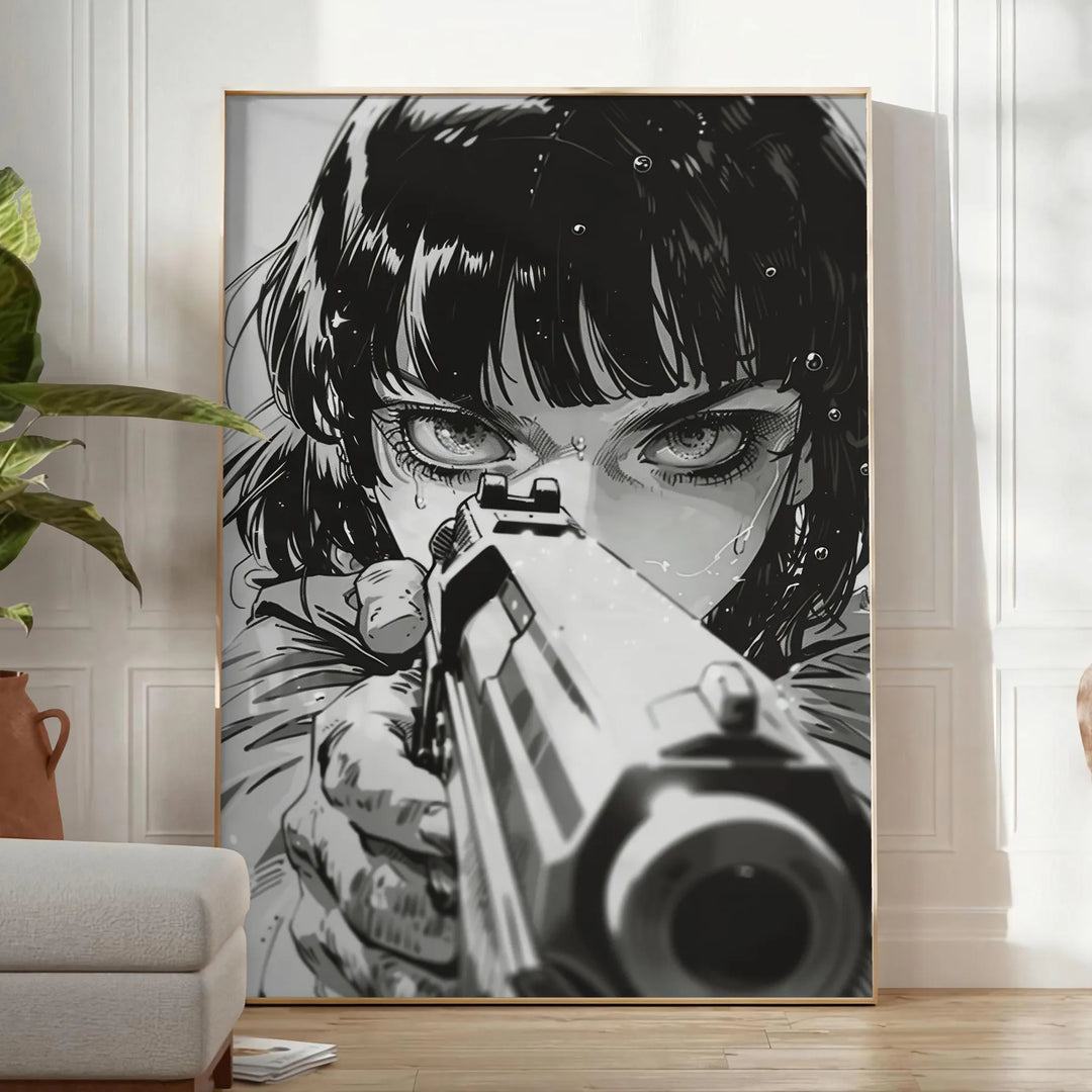 Dynamic manga illustration featuring a gun with green and blue tones - in a bright minimalist room with a plant and an armchair