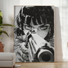 Dynamic manga illustration featuring a gun with green and blue tones - in a bright minimalist room with a plant and an armchair