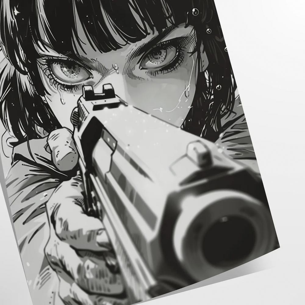 Dynamic manga illustration featuring a gun with green and blue tones