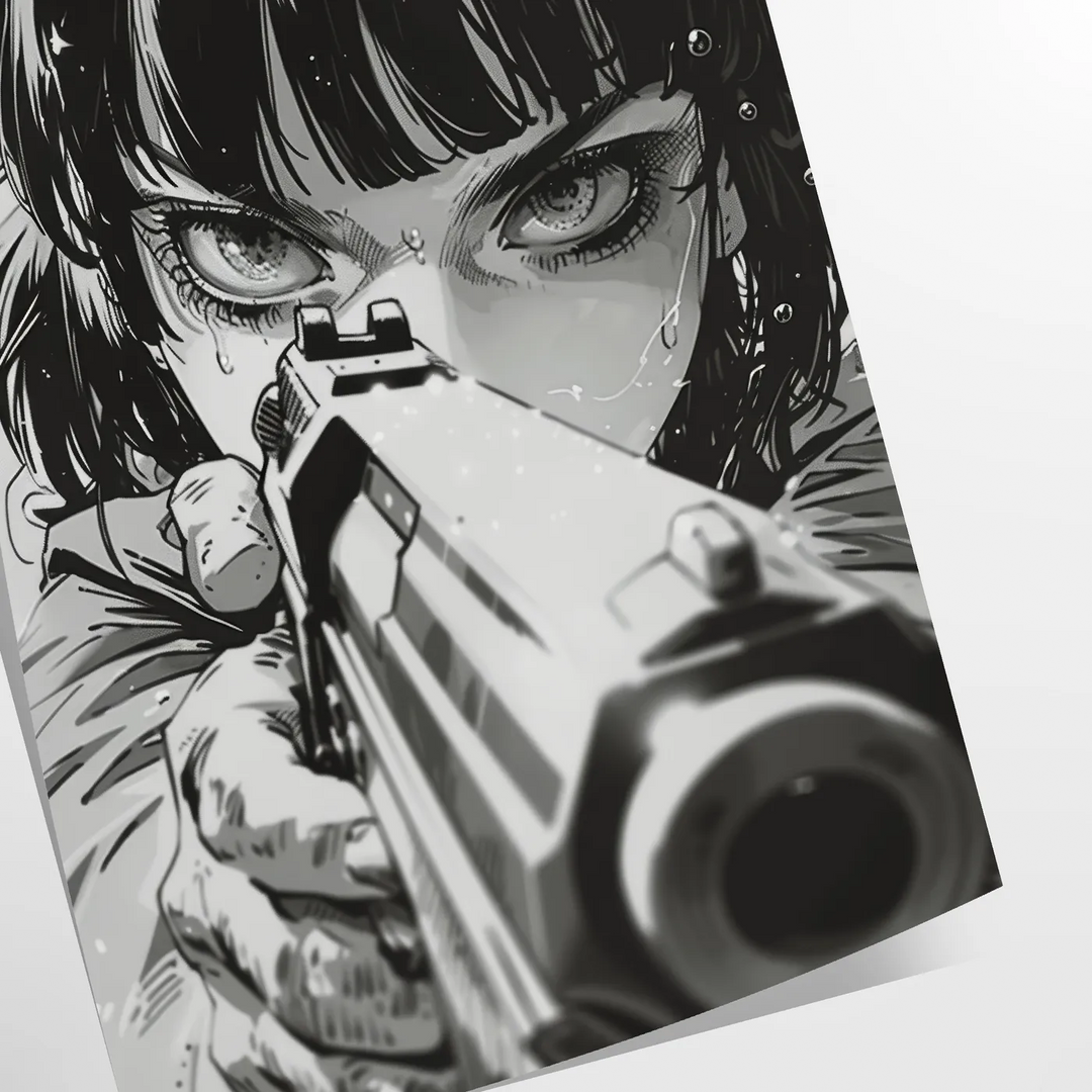 Dynamic manga illustration featuring a gun with green and blue tones - as a rolled, unframed print