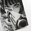 Dynamic manga illustration featuring a gun with green and blue tones - as a rolled, unframed print