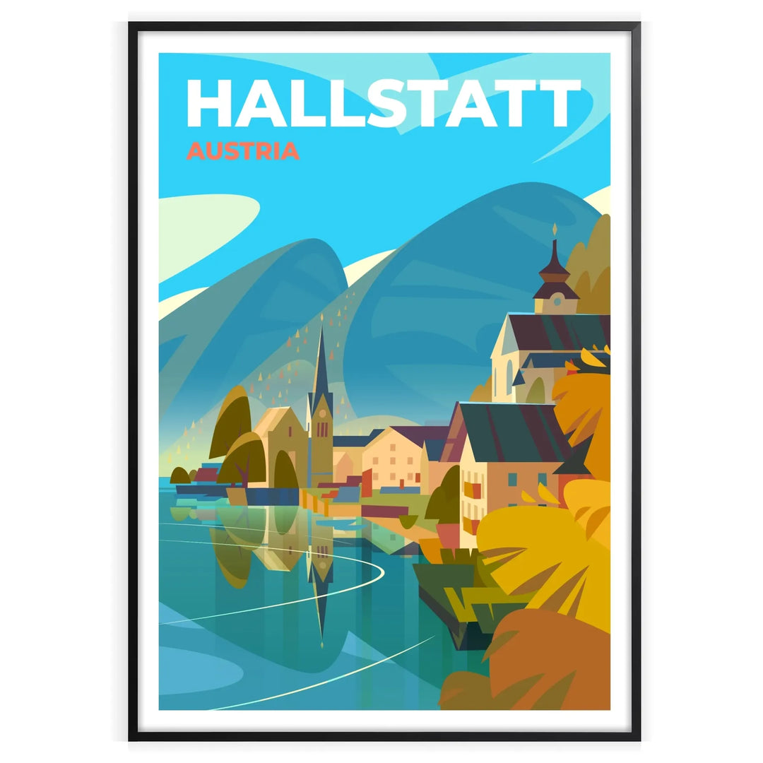 A serene depiction of Hallstatt, Austria with green and blue hues