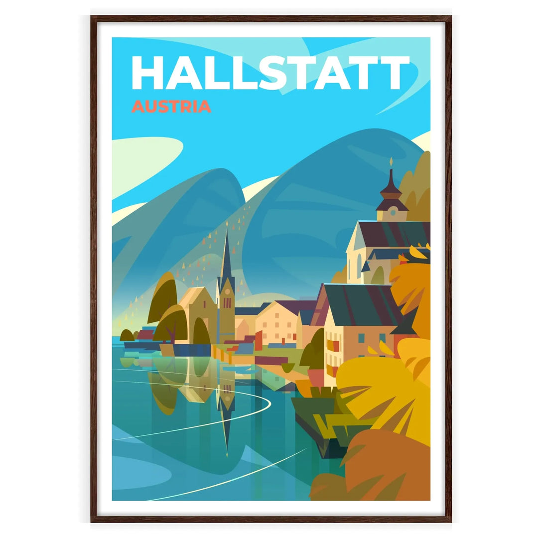 Une représentation sereine de Hallstatt, Autriche avec des teintes vertes et bleues - dans un cadre noyer