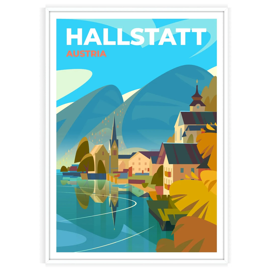 Une représentation sereine de Hallstatt, Autriche avec des teintes vertes et bleues - dans un cadre blanc